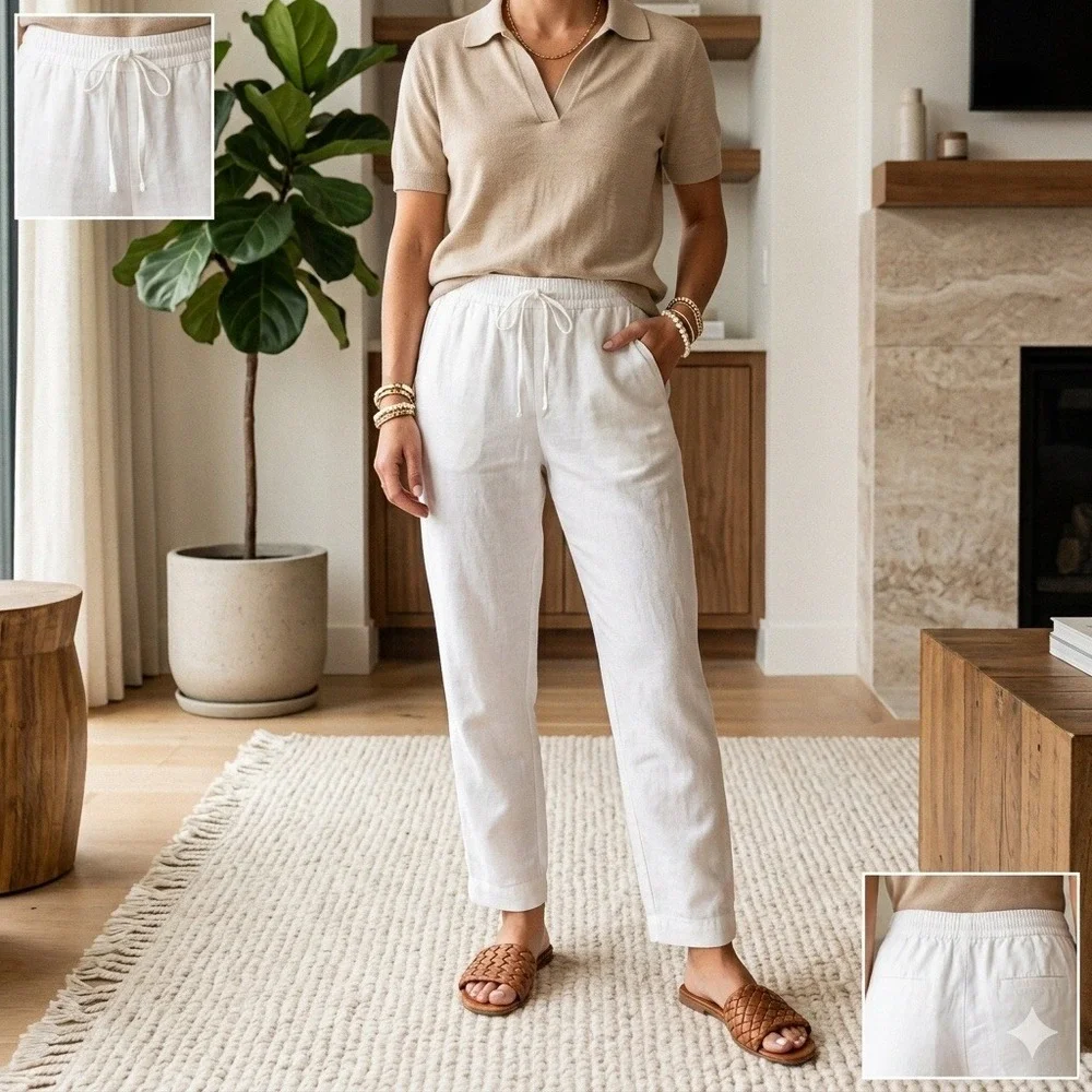 COS Women White Cotton Linen Blend Drawstring Tapered Trouser Pants Size 10
